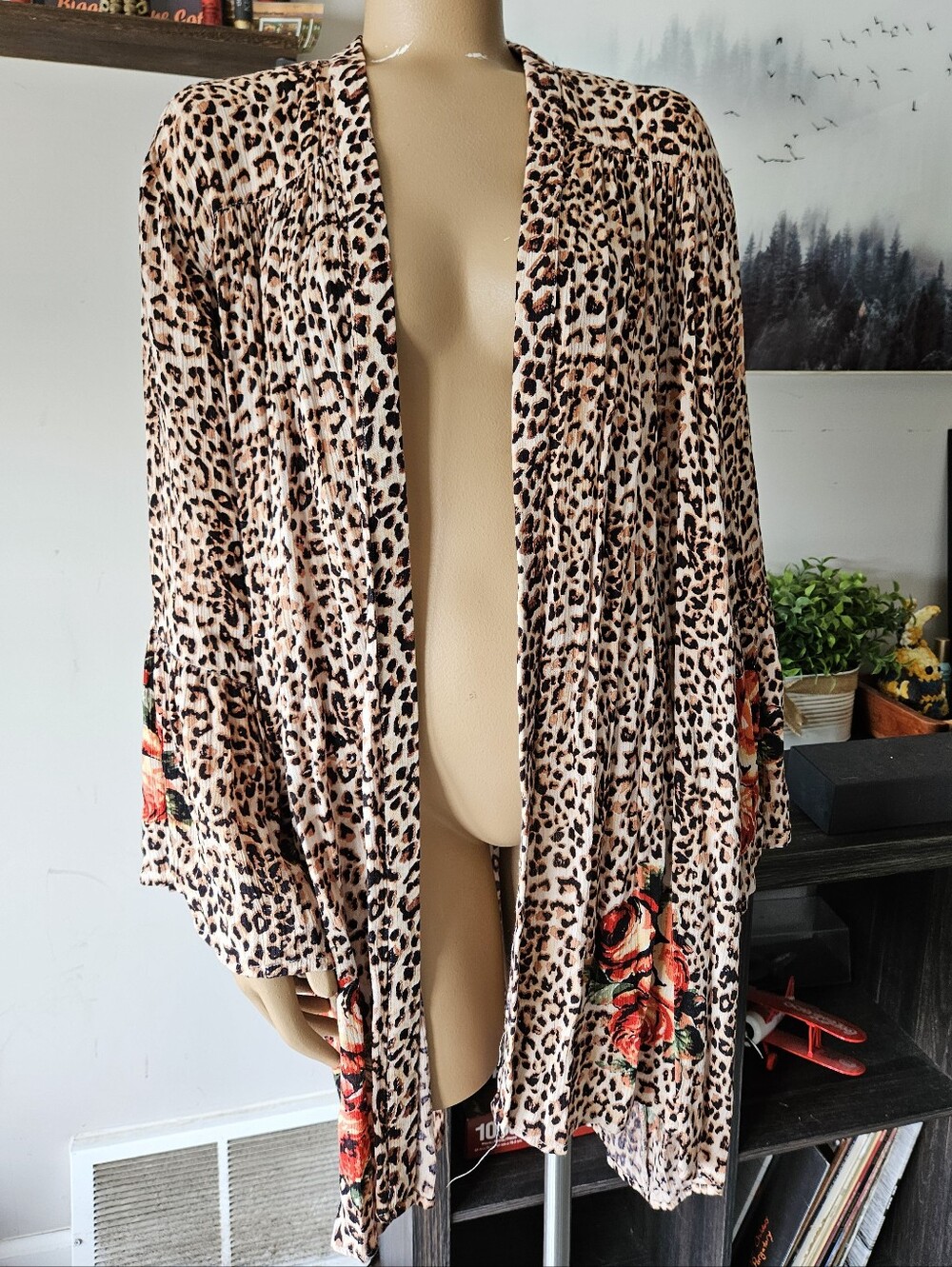 Lola P. Leopard Print Open Front Kimono with Rose Accents Bohemian Flowy XL